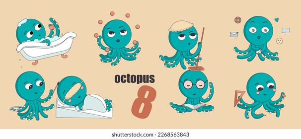 Set of eight cartoon blue octopus characters in different poses and different emotions working, resting or having fun. Color vector flat illustration isolated with stroke on yellow background.