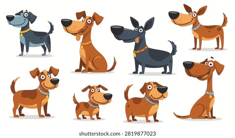 Set of eight cartoon dog characters with diverse breeds and expressions, featuring colorful collars and tags, depicted in sitting and standing poses on a plain white background.