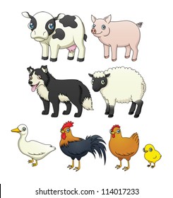 A set of eight cartoon farm animals. Eps 10 Vector.