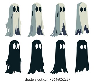 Um conjunto de oito fantasmas dos desenhos animados. Quatro são brancos e um pouco transparentes. Quatro são escuros e silhuetados. Os fantasmas têm corpos arredondados, simples olhos negros e bocas.