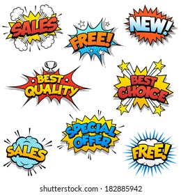 Set of Eight Cartoon Graphic design for promotion of Product Sales, and generic ones like Free or New.