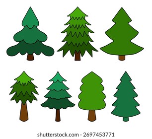 Conjunto de oito pinheiros de desenho animado, cada um em um estilo verde único. Coleção de abeto, abeto e cedro desenhados à mão: formas estilizadas, troncos marrons. Excelente para a natureza, a floresta, a ecologia e o design infantil