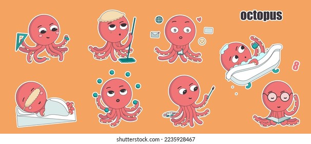 Set of eight cartoon red octopus characters in different poses and different emotions working, resting or having. Colored vector flat illustration stickers isolated with stroke on orange background.