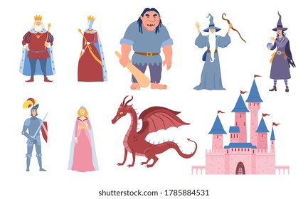 Set of eight characters for fairy tales with king, queen, ogre, wizard, dragon, knight, maiden and castle, colored vector illustration