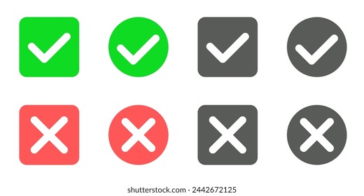 Un conjunto de ocho marcas de verificación y cruces en varios colores, que indican aprobación y desaprobación.