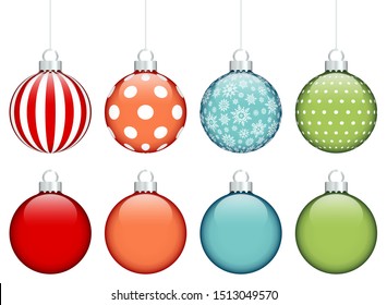 Set Of Eight Christmas Baubles Pattern And Monochrome Red Orange Blue Green