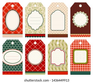 Set Of Eight Christmas Hangtags Pattern Beige Red Green