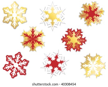 Set of eight christmas snowflake in red white and gold color with shadow