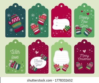 Set of eight Christmas tags collection with mittens and snowflakes. Template for New Year greeting, winter holiday labels, decorations.