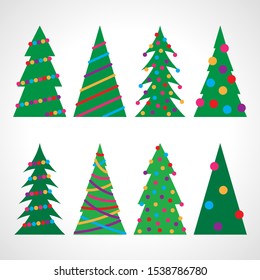 Set of eight Christmas trees with Christmas balls and decorations. Vector illustration.