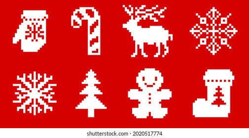 A set of eight Christmas-themed items: snowflakes, tree, deer, mitten, lollipop, Christmas sock. Vector illustration. Design for decoration.