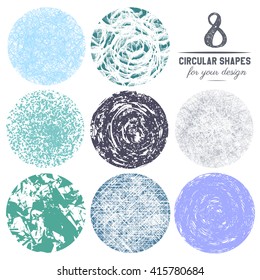 Set of eight circular elements. Round shape for your design. Vector illustration. White color and shades of blue