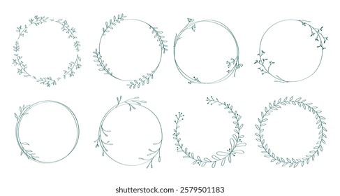 Set of eight circular floral frames. Delicate, green, leafy designs. Perfect for invitations, cards, or decorative purposes. Elegant floral frames in various styles. Frame element vector set.