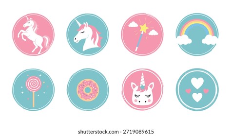 Set of eight circular icons featuring unicorns, magic wands, rainbows, donuts, lollipops, and hearts in pink and blue colors.