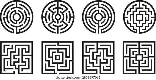 Set of Eight Circular and Square Black Labyrinth Icons