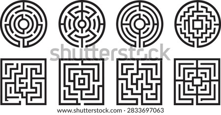 Set of Eight Circular and Square Black Labyrinth Icons