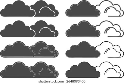 Set of eight cloud icons. Four are filled in gray, four are outlined in black. Isolated on white.