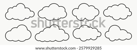 Set of eight cloud outlines. Simple cloud shapes,  drawings, cloud patterns. Perfect for cloud-themed designs,  illustrations, cloud graphics. Weather illustration, vector set.