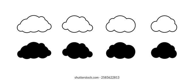 Set of eight cloud silhouettes in black and white. Vector icon