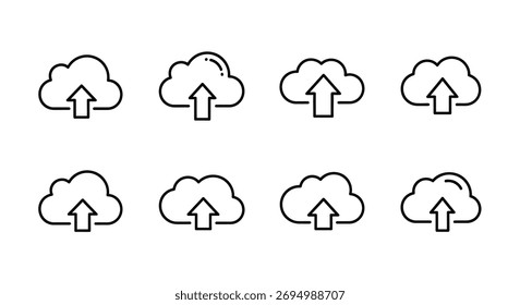 Set of eight cloud upload icons with hand-drawn sketchy doodle style vector