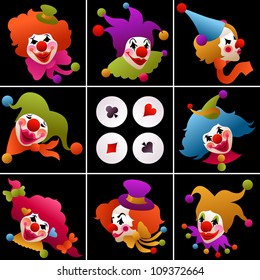 set of eight clown portraits wearing funny hats and accessories on dark background