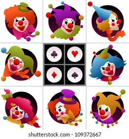 set of eight clown portraits wearing funny hats and accessories