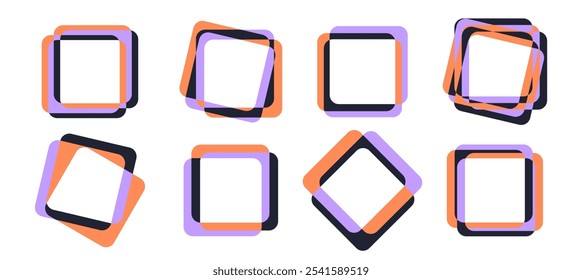 Set of eight colorful abstract square frames with offset and rotation. Vector illustration.