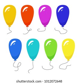 Set of eight colorful balloons with a string isolated on white background. Vector illustration
