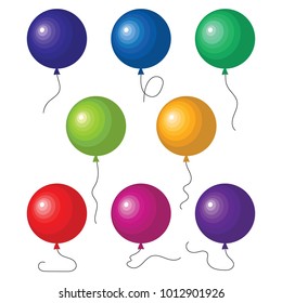 Set of eight colorful balloons with a string isolated on white background. Vector illustration