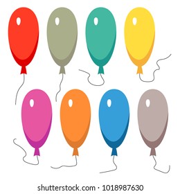 Set of eight colorful balloons with a string isolated on white background. Vector illustration
