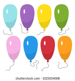 Set of eight colorful balloons with a string isolated on white background. Vector illustration