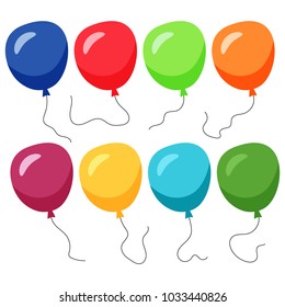 Set of eight colorful balloons with a string isolated on white background. Vector illustration