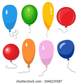 Set of eight colorful balloons with a string isolated on white background. Vector illustration
