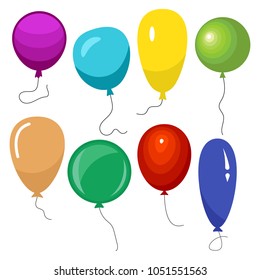 Set of eight colorful balloons with a string isolated on white background. Vector illustration
