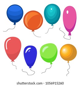 Set of eight colorful balloons with a string isolated on white background. Vector illustration