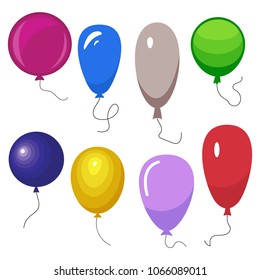 Set of eight colorful balloons with a string isolated on white background. Vector illustration