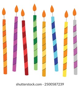 A set of eight colorful birthday candles with stripes, each lit with a small flame, representing celebration, joy, and festivity.