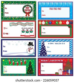 A set of eight colorful Christmas gift tags with different designs.