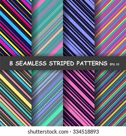 Set of eight colorful diagonal striped patterns. Seamless background. 