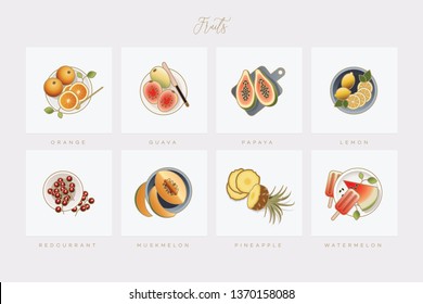 Set of eight colorful elegant fruit icons illustrated in flat lay style