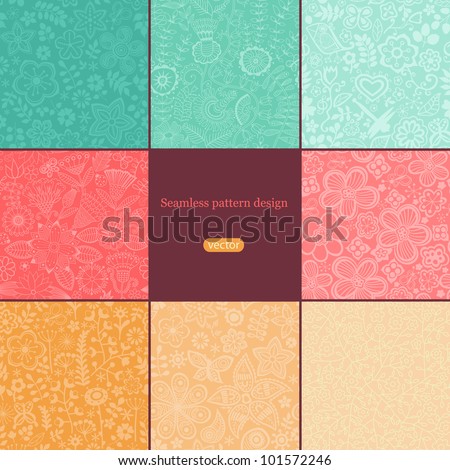 Set of eight colorful floral patterns (seamlessly tiling).Seamless pattern can be used for wallpaper, pattern fills, web page background,surface textures. Floral seamless backgrounds combo.