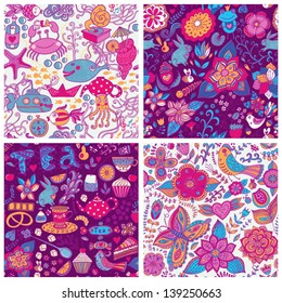 Set of eight colorful floral vector pattern.Copy each square to the side,you'll get seamlessly tiling pattern which gives the resulting image the ability to be repeated or tiled without visible seams.