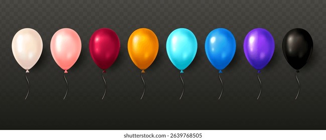 Set of eight colorful glossy balloons with strings, realistic graphic style, placed on transparent dark background. Party celebration concept. Vector illustration