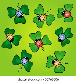 Set of eight colorful ladybugs on green leafs. Vector illustration