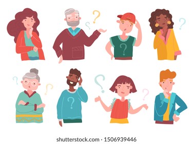 Set of eight colorful multiracial cartoon people deep in thought, some with question marks, some thinking scratching their heads, vector illustration