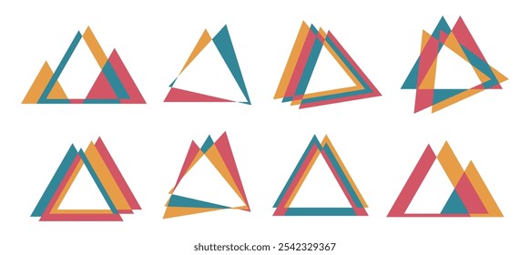 Satz von acht bunten überlappenden Dreiecken, die abstrakte geometrische Designs erzeugen