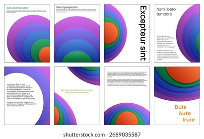 Set of eight colorful page templates with white text space and rounded shapes