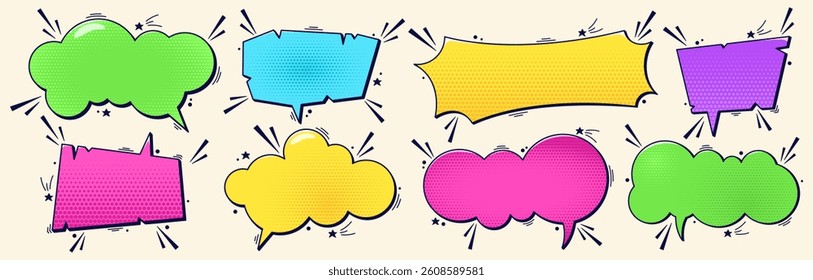 Set of eight colorful speech bubbles with halftone elements and dark tiny details and place for text.