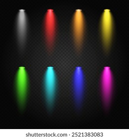 Set of eight colorful spotlights on a transparent background. Includes red, yellow, green, blue, and purple lights, ideal for stage design, party lighting, or visual effects.