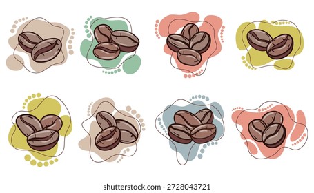 Un conjunto de ocho iconos vectoriales coloridos con granos de café tostados dibujados a mano sobre fondos abstractos en forma de pastel con detalles de arte lineal. Ideal para marcas de cafeterías, destacados de redes sociales, menús.